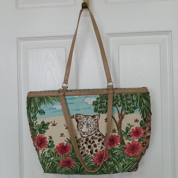 $100 NWT! Exquisite Tote w/Sparkly Flowers & Leopard - Picture 3 of 12